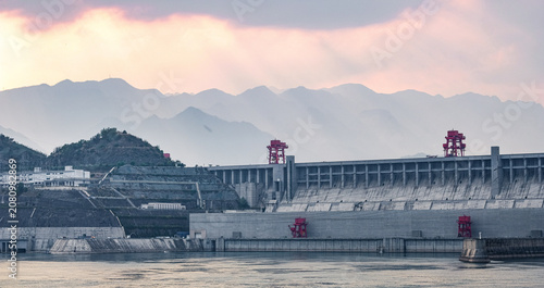 Three Gorges Dam at Sunset with Mountain Landscape