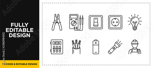 flat vector illustration line art icon bundle set design covering electrical tools power supply and battery equipments elements for modern digital app UI UX graphic project