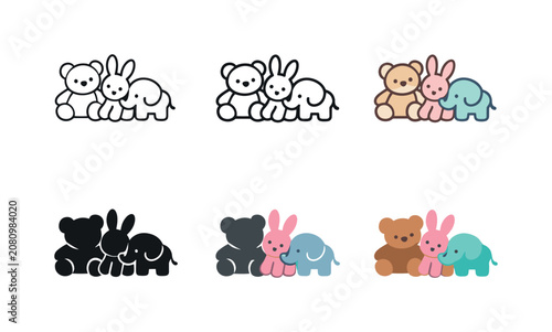 Cute cartoon teddy bear, bunny, and elephant toys in various styles