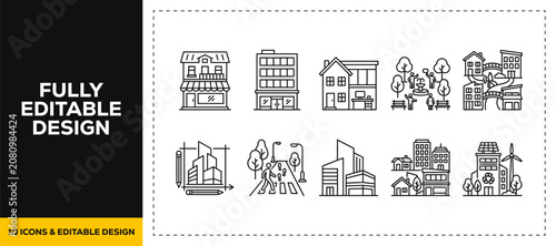 Fotografie flat vector illustration line art icon bundle set design covering city buildings