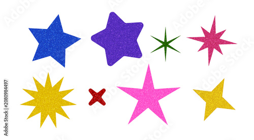 Various glitter star shapes vector collection, space figure shiny shimmer texture, starburst, kids sparkling decoration