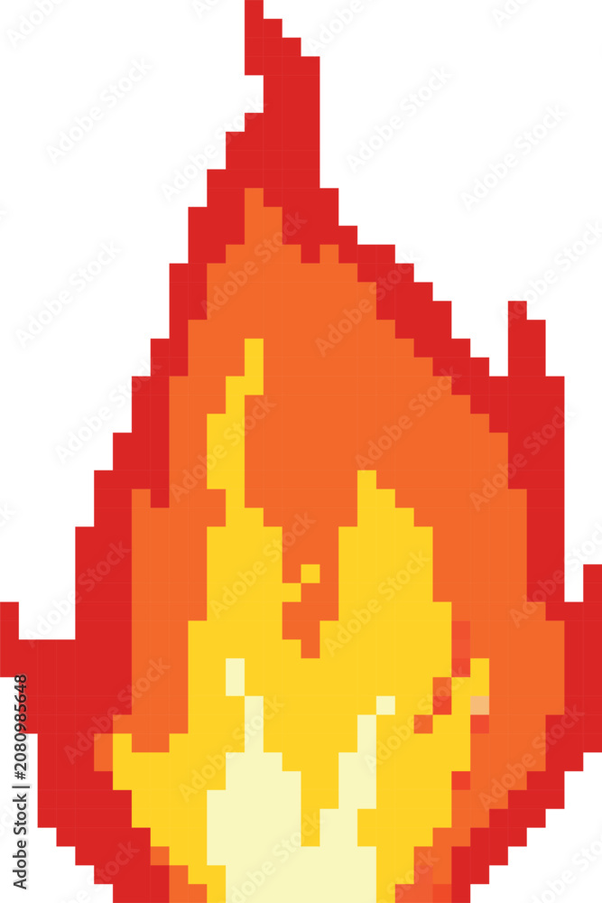 Fototapeta premium A bright pixelated fire flame in a retro 8-bit style on a white background.