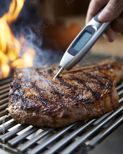 Wireless meat thermometer inserted into a thick grilled steak on a hot barbecue