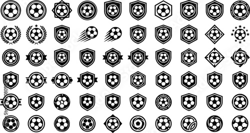 Slika na platnu Football club emblem linear icons collection with sports shields tournament ribb
