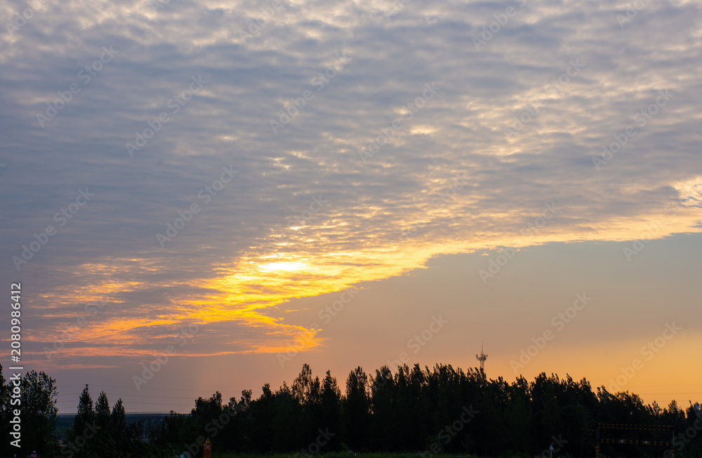 Fototapeta premium Dramatic sunset clouds over rural tree line