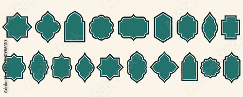 Collection of decorative Islamic geometric frames and borders in teal color