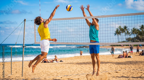 Volleyball players jump high to hit the ball over the net on the sunny beach, concept of summer sports and active lifestyle