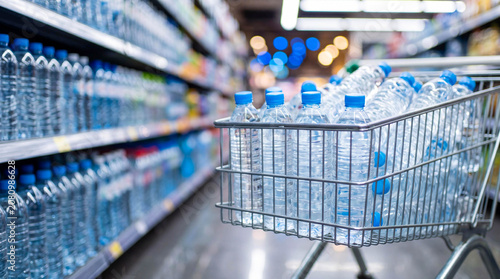 Shopping cart loaded with plastic water bottles waits in a supermarket aisle, concept of hydration and summer consumption