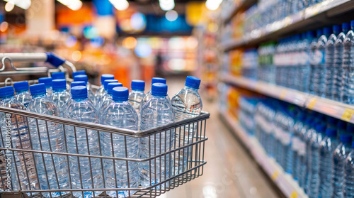 Plastic water bottles in shopping cart in the aisle of a grocery store, concept of convenience and hydration in hot summer weather