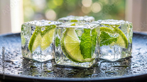 Ice cubes with lime and mint on dark surface, concept of refreshing summer drinks and cooling
