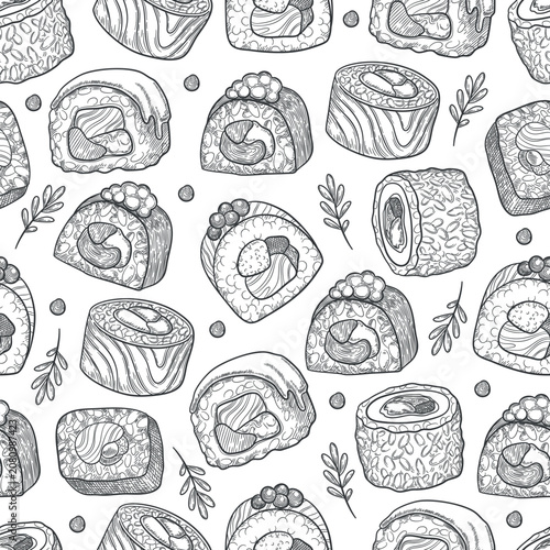 Obraz na plátně Sushi rolls doodle background