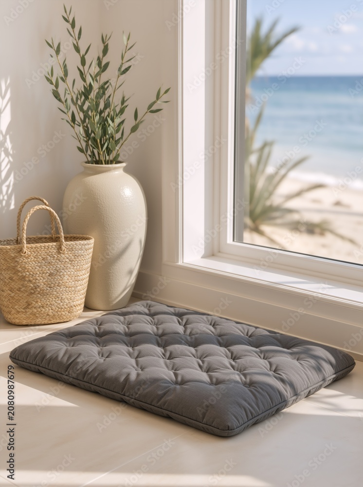 Naklejka premium Gray floor cushion by a window with a beach view. Minimalist home interior with woven basket and vase. Relaxation and meditation space with ocean background