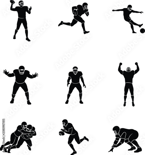American Football Player Silhouette Action Pose Vector Icon Collection Set