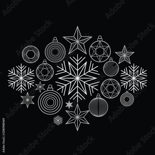 Christmas Ornament and Snowflake Line Icons Collection for Holiday Decoration Design