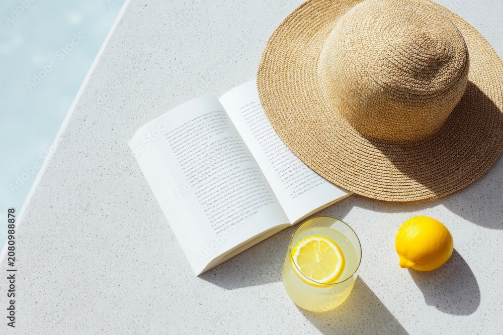 Fototapeta premium Summer reading setup with book, straw hat, and lemonade by pool