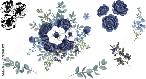 Elegant Blue Rose and White Anemone Floral Bouquet Vector Set