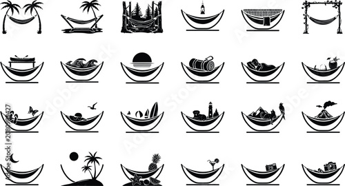 Minimal Hammock Relaxation Lifestyle Black Silhouette Vector Icon Collection Set