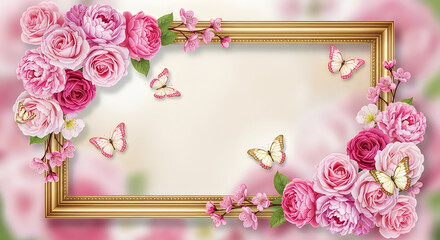 Elegant floral frame with pink roses and butterflies