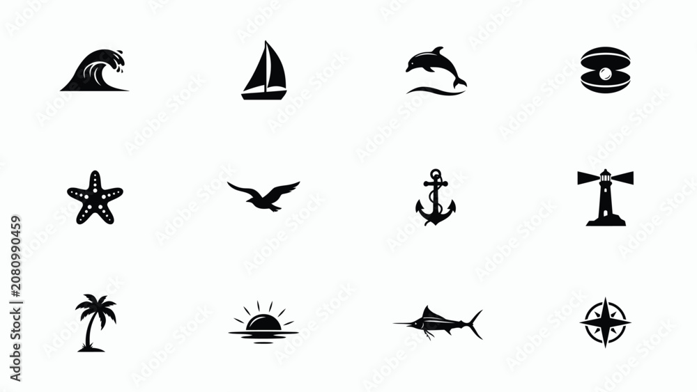 Fototapeta premium Minimalist black and white marine adventure icon set