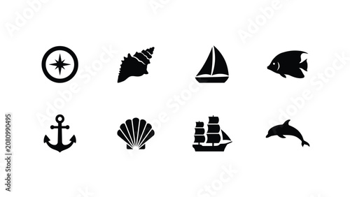 Bilde på lerret Minimalist nautical themed vector iconset featuring a compass anchor seashells s