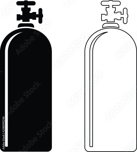 Vector icon set features a compressed gas cylinder tank with a valve, ideal for oxygen or propane storage, presented in both solid black silhouette and simple outline styles.