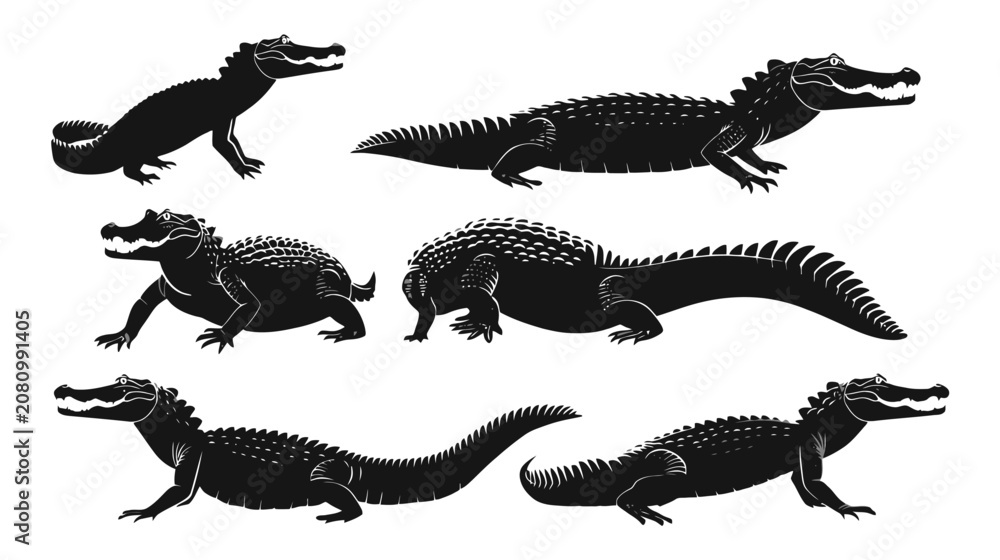 Fototapeta premium Black crocodile silhouette set, 6 alligator vector icons in various poses, wild reptile animal graphics for logo design and nature branding