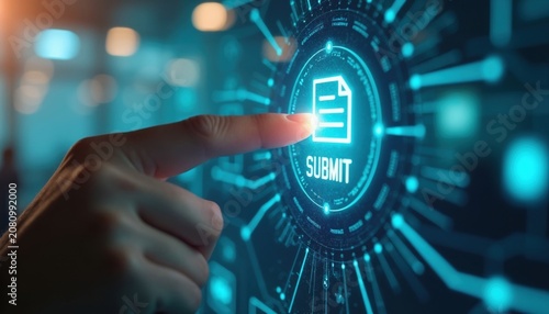 Finger presses digital submit button on futuristic interface. User completes online form or application via technology. Electronic document submission process finalized now.