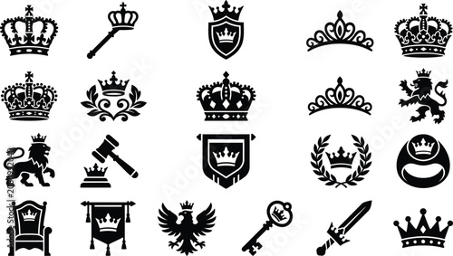 Bilde på lerret Silhouette of royal crowns and regal symbols in black on white background