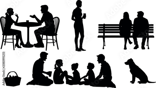People sitting and relaxing silhouette vector set featuring a picnic family park bench couple coffee date and dog