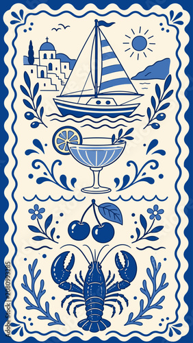 Nautical summer vacation scene with sailboat, cocktail, and seafood illustration