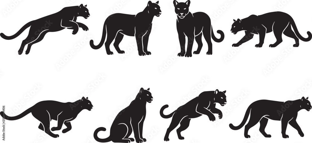 Obraz premium Black panther icons, panther silhouettes, big cat vector set, feline illustrations isolated on Transparent Background