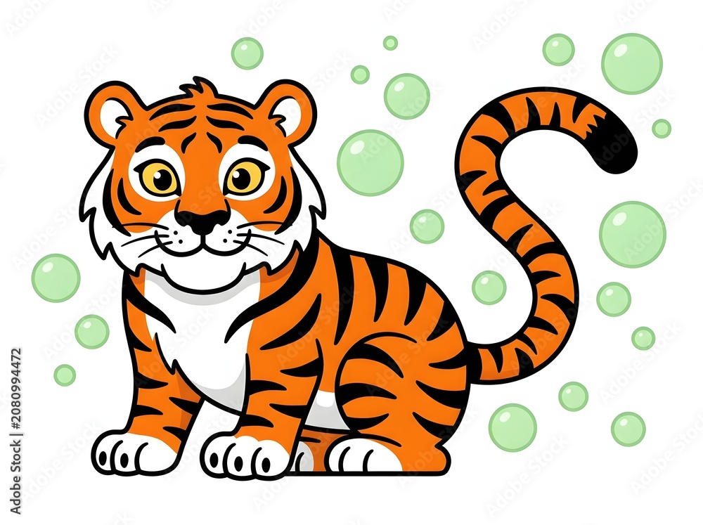 Obraz premium Cartoon tiger cub with bubbles illustration for children's designs and educational materials