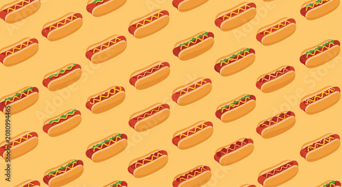 A repeating seamless pattern of various hot dogs with different toppings, arranged diagonally on a bright orange background.