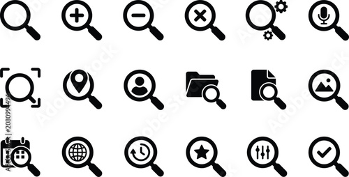 Quadro su tela Silhouette of magnifying glass icons for search and investigation purposes