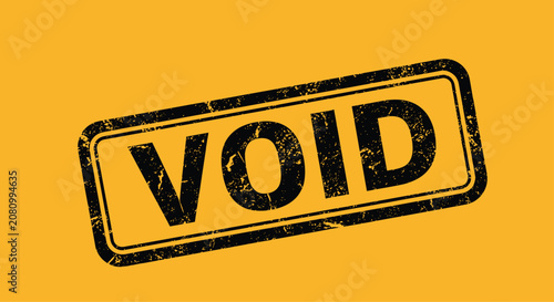 Grungy black 'VOID' rubber stamp shown at an angle on a solid yellow-orange background, conveying a sense of invalidity or cancellation.