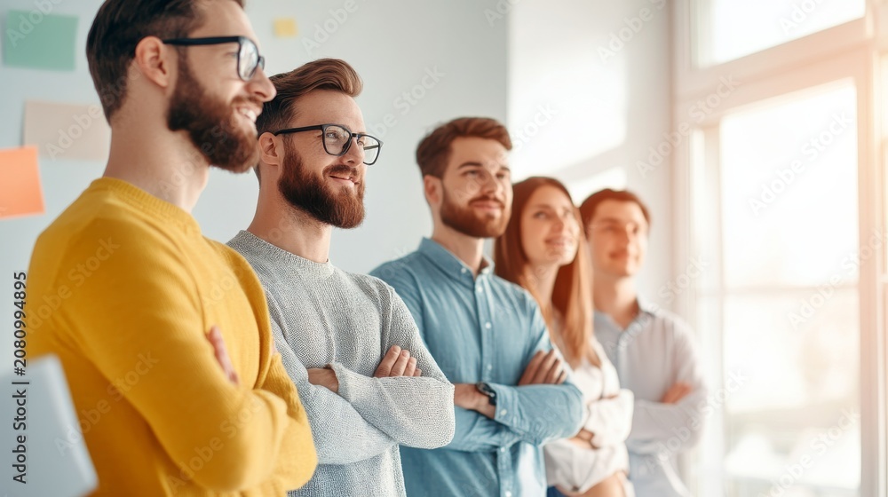 Obraz premium Image content A group of five diverse young professionals (four men, one woman) standing in a row, arms crossed, looking towards the right (away from the camera). They are in a bright,