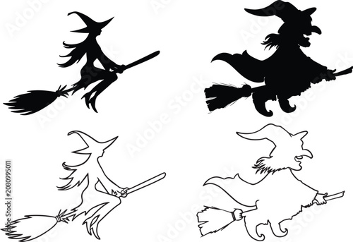 Cuadro en lienzo Halloween witch silhouette vector set, flying witch on broomstick icons, spooky