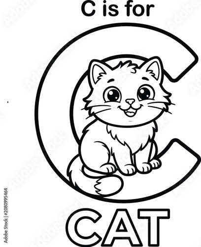 Letter C for Cat Coloring Page for Kids Alphabet Learning Worksheet, Letter C Coloring Page Black and White Line Art, Cat with Letter C Educational Coloring Book Page for Children