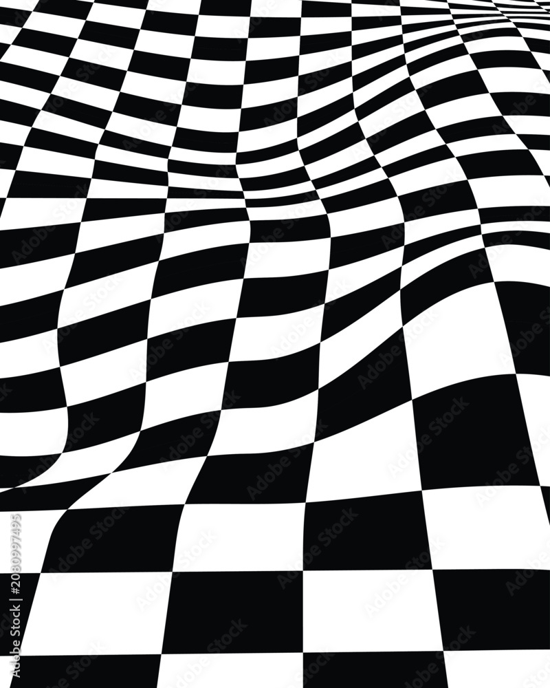 Obraz premium Black and white wavy checkerboard pattern, abstract distorted grid background