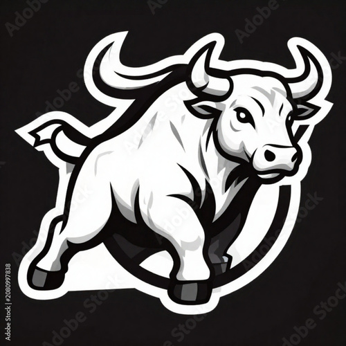 Powerful bull charging forward with horns and muscular body, symbolizing strength, determination, and aggressive market trends in a dynamic, high-energy depiction