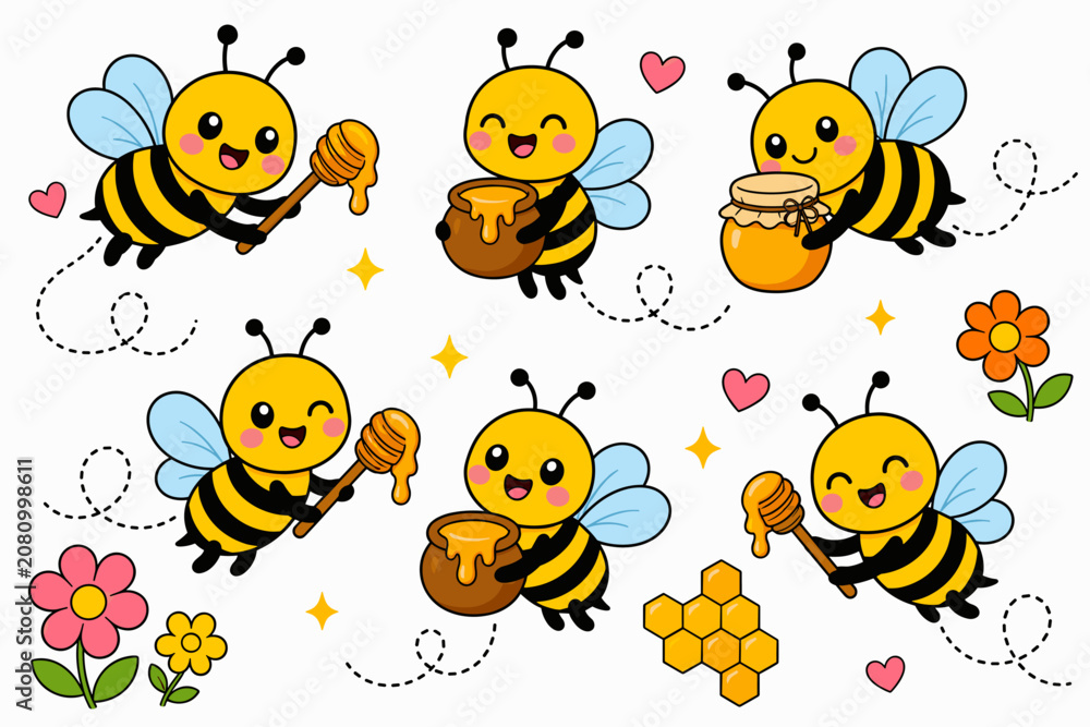 Fototapeta premium Cute cartoon bees with honey and flowers, a delightful illustration