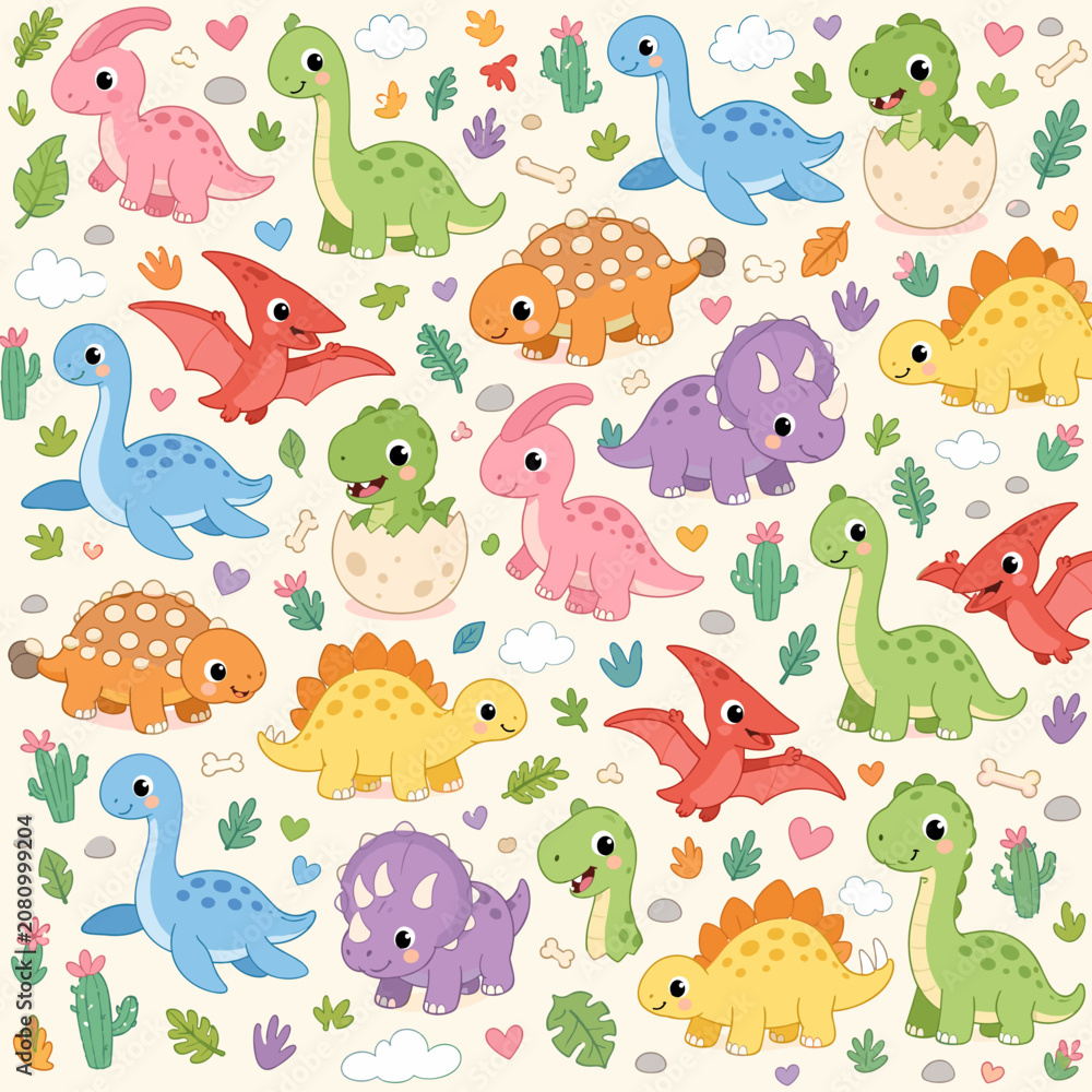 Obraz premium Cute cartoon dinosaurs and prehistoric elements in a playful seamless pattern