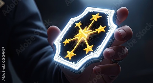 Glowing starburst shield held in hand digital illustration
