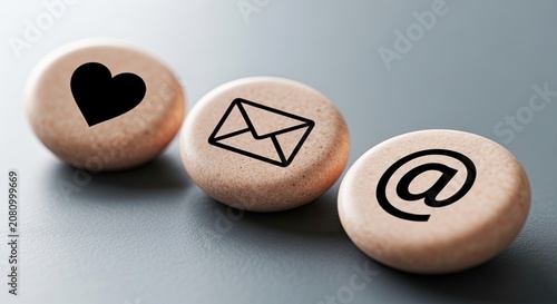Communication icons heart email and at symbol on wooden pebbles