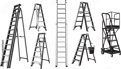 Tableau sur toile Collection of aluminum ladders and a mobile work platform against a white backgr