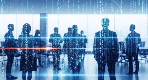 Business professionals with digital data stream overlay technology and networking concept