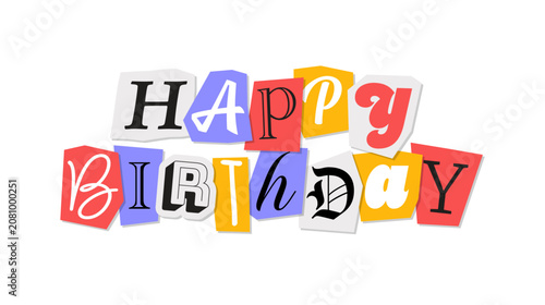 Canvastavla Isolated happy birthday text collage element made of magazine cutout letters in ransom note style