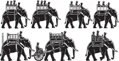 Konstfotografi Elephants carrying people in wooden carts during a procession with a rickshaw