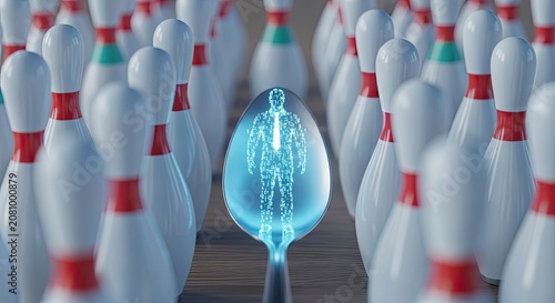Digital humanoid figure inside a glass sphere surrounded by bowling pins