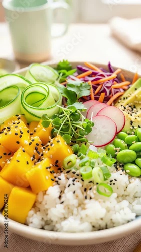 Colorful poke bowl with mango, edamame, rice, avocado, cucumber ribbons, radish and microgreens. bright topdown sequence pans in for a fresh healthy meal.